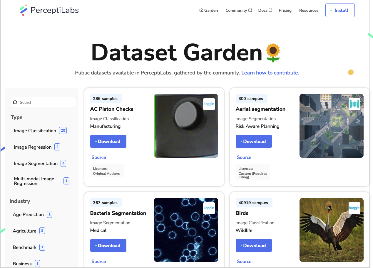 Figure 1 – Screenshot of PerceptiLabs' Dataset Garden.