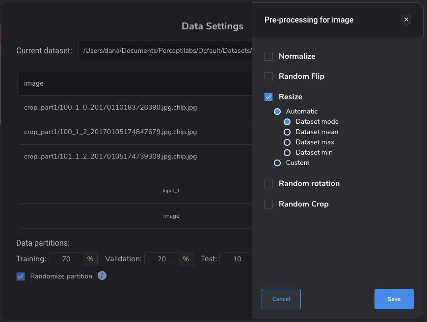 Figure 3: Pre-processing options for images in PerceptiLabs.