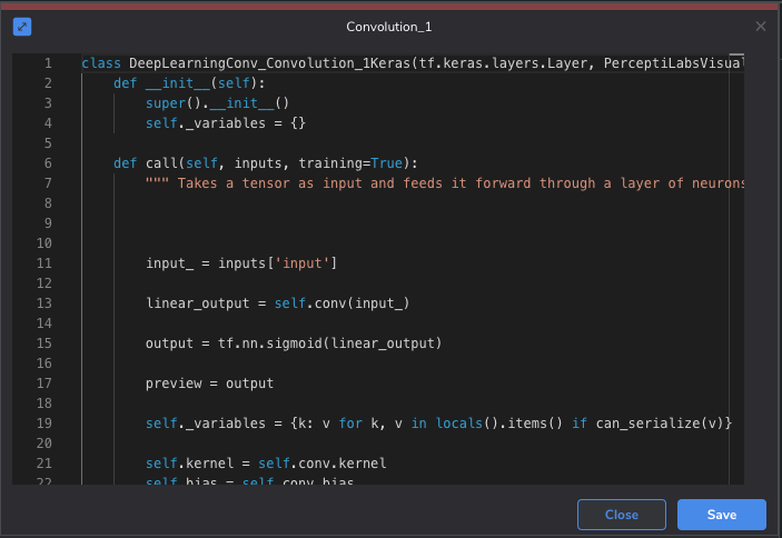 Figure 10: Code Editor showing the code for a Convolution Component.