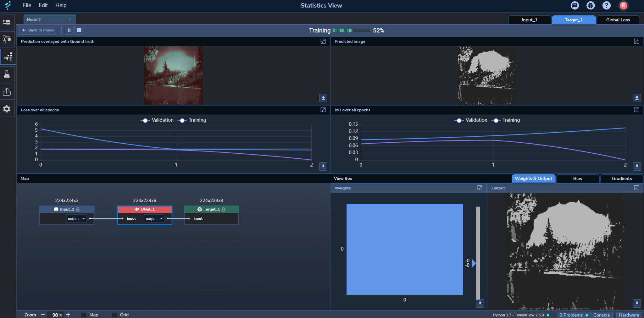 Figure 8: PerceptiLabs' Statistics View while training a U-Net.