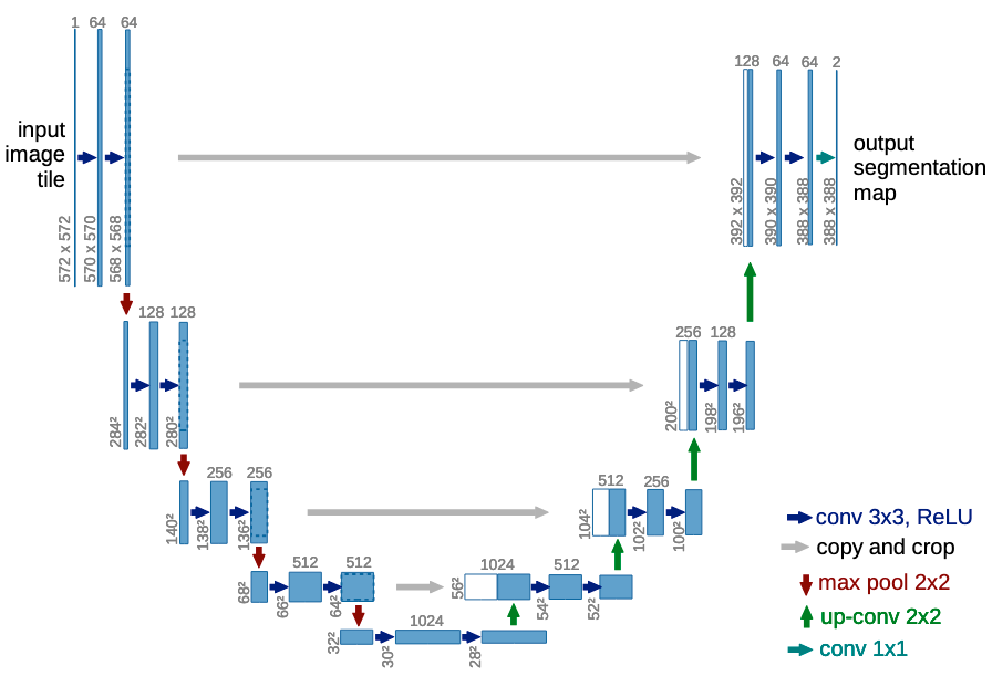 Figure 6: Example of a U-Net model diagram showing the correspondence between the layers of the expansive and contracting path. (Source)