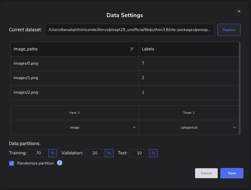 Figure 5: Data Settings in PerceptiLabs