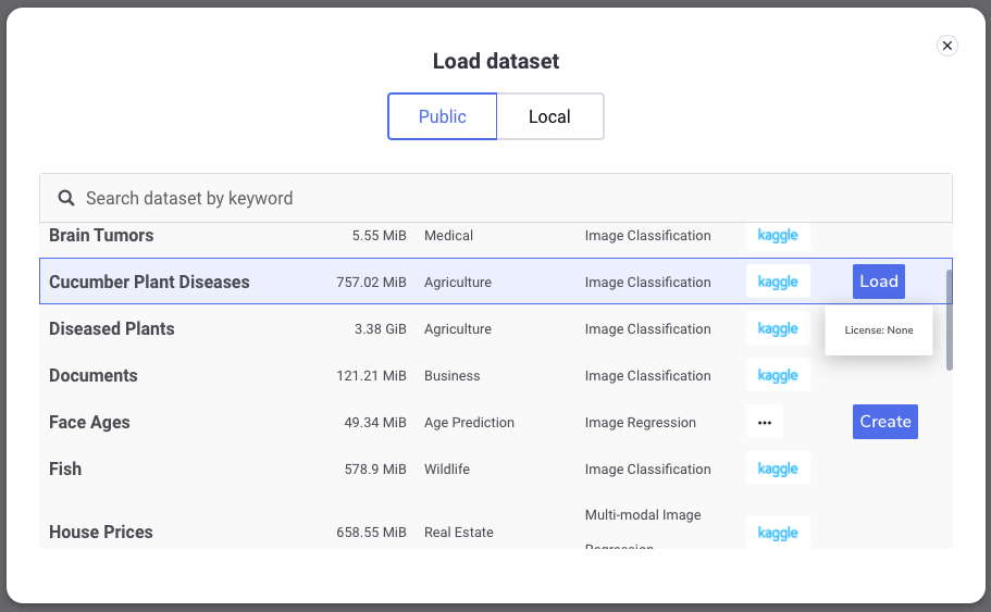 Figure 1: PerceptiLabs 0.13+ automates the creation of models from a number of public datasets.